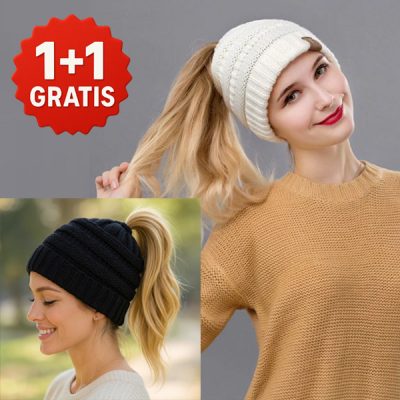 Gehäkelte Pferdeschwanz Beanie-Mütze | BEANIEHUT 1+1 Gratis